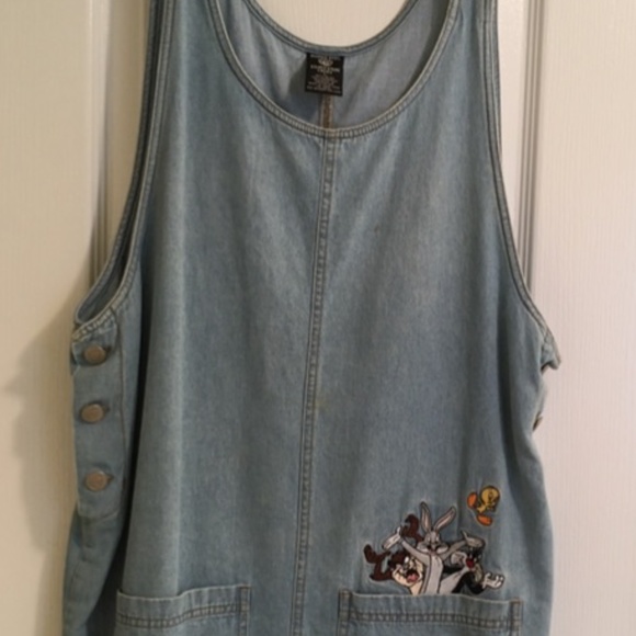 Warner Bros. Dresses & Skirts - Vintage Looney Tunes Denim Overalls Style Dress with Rivet Buttons Ladies Large